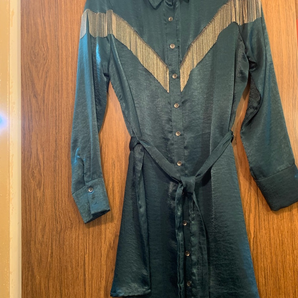 Elegant Teal Button Down Shirt with Fringe Detail